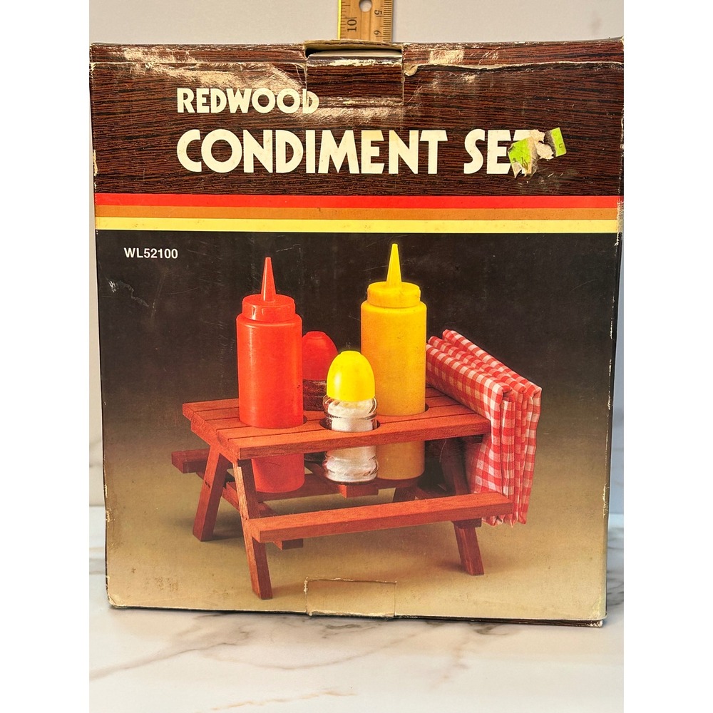 Vintage Redwood Condiment Set Picnic Table Caddy Ketchup Mustard Shakers WL52100